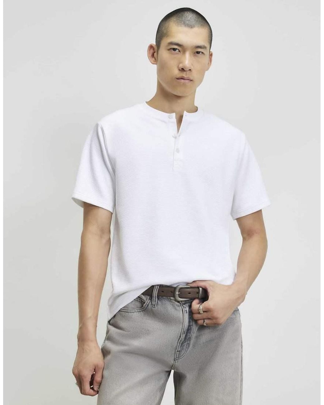 River Island White Regular Fit Cotton Henley Neck T-Shirt for men