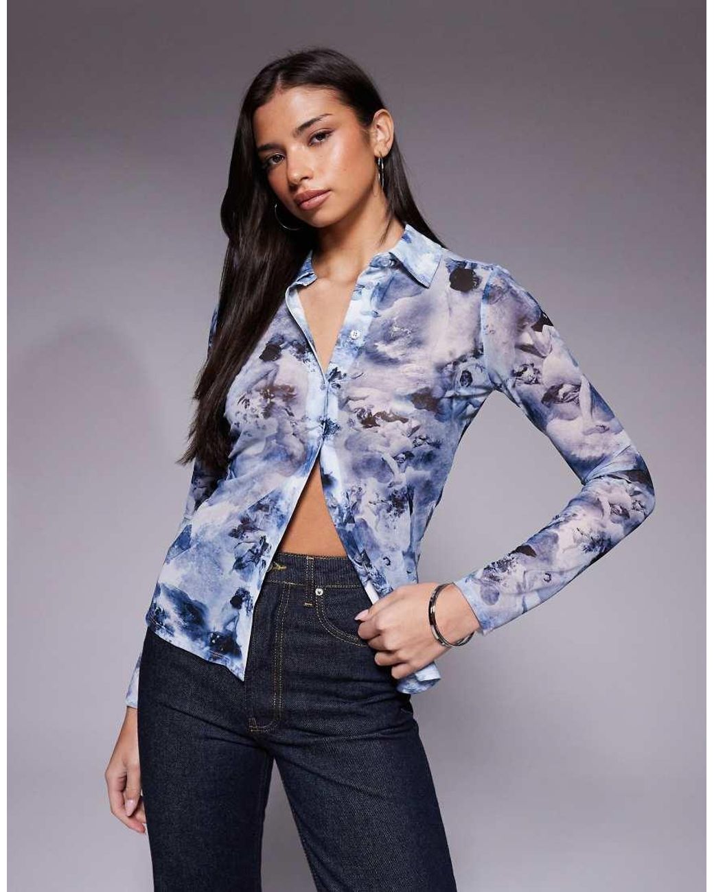 GOOD AMERICAN Blue Mesh Button Up Top