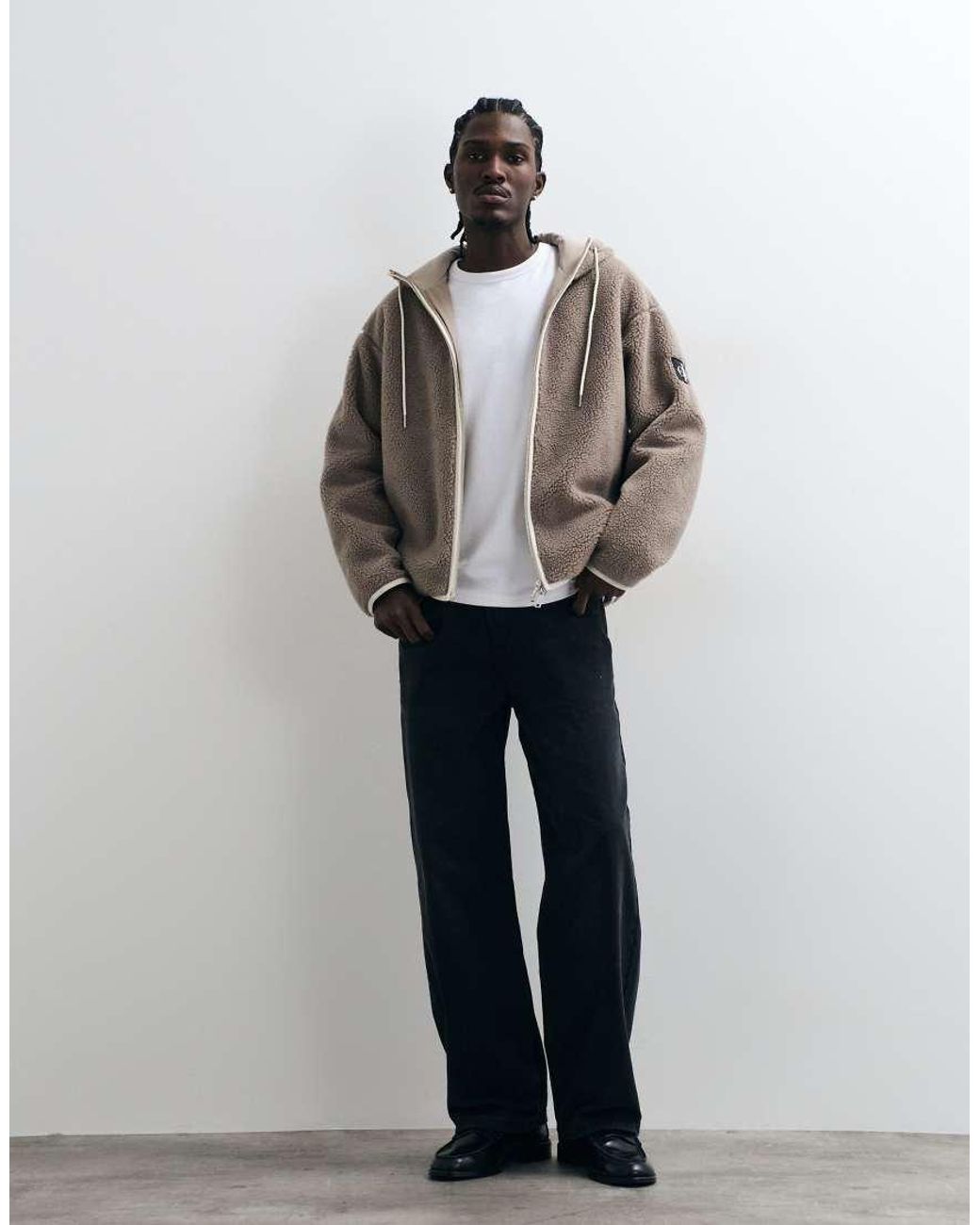 Calvin Klein Gray Badge Sherpa Funnel Neck Zip Up Hoodie for men
