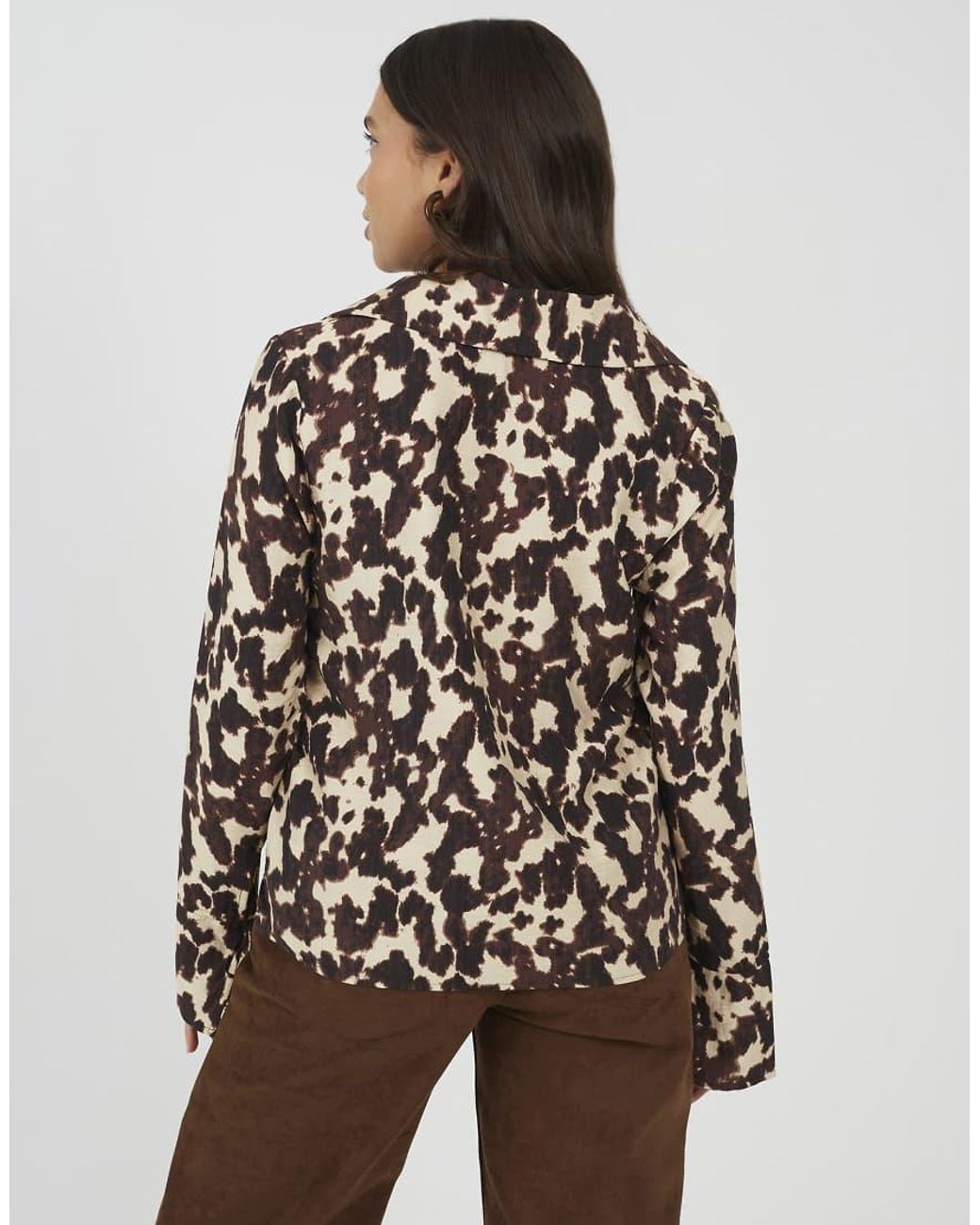 Brave Soul Brown Cow Print Long Sleeve Collared Blouse