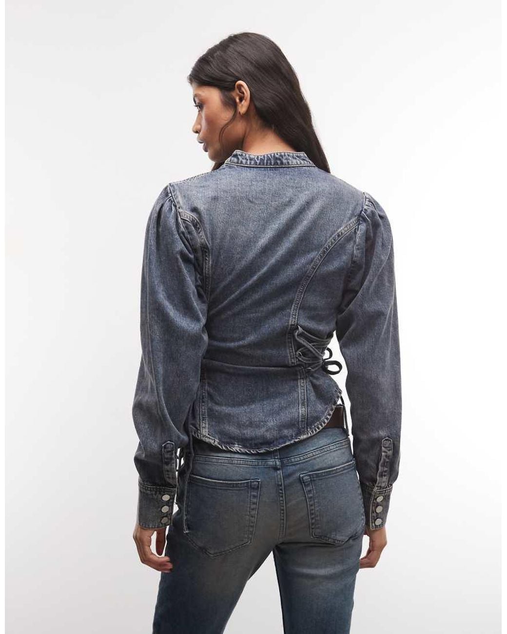 AllSaints Blue Evanna Long Sleeve Mock Neck Tie Up Denim Shirt