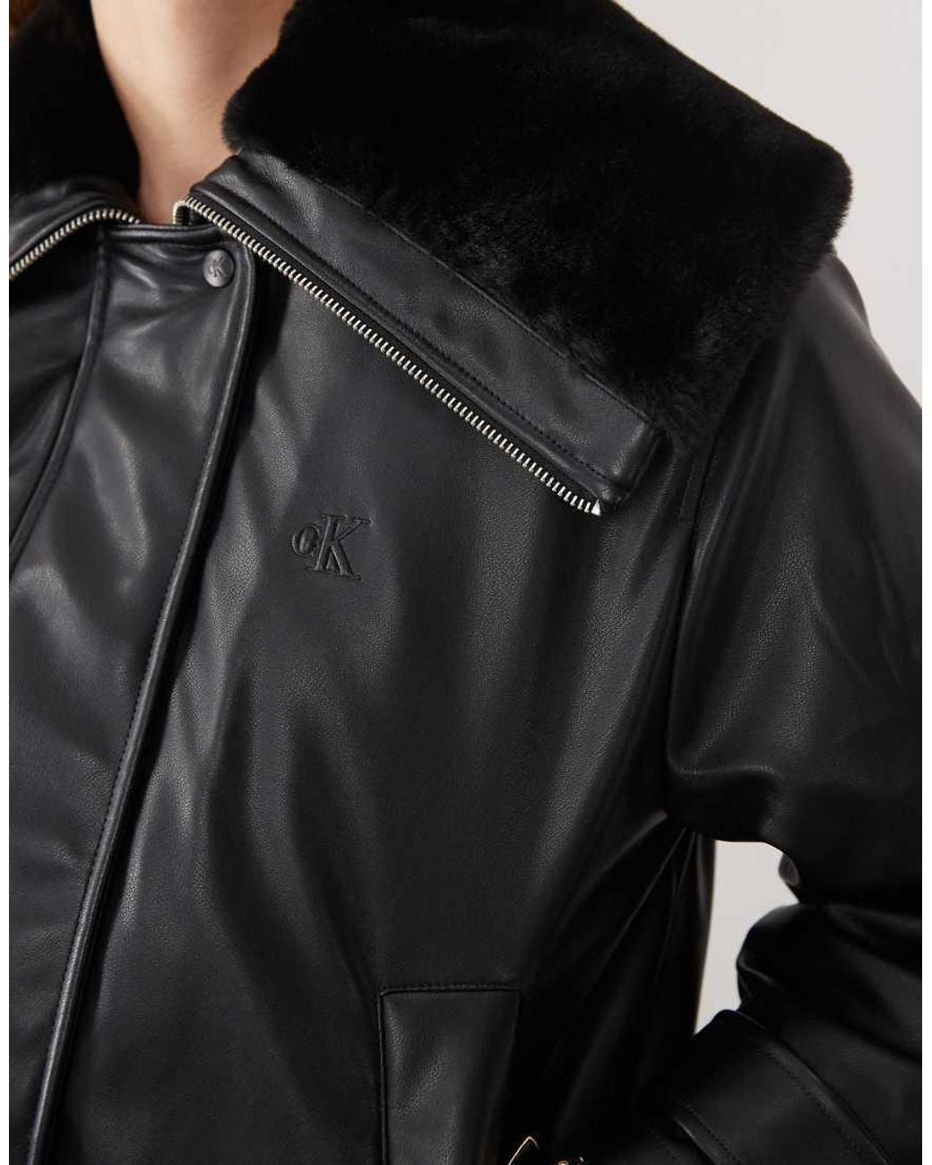 Calvin Klein Gray Faux Leather Bomber Jacket With Collar Detail