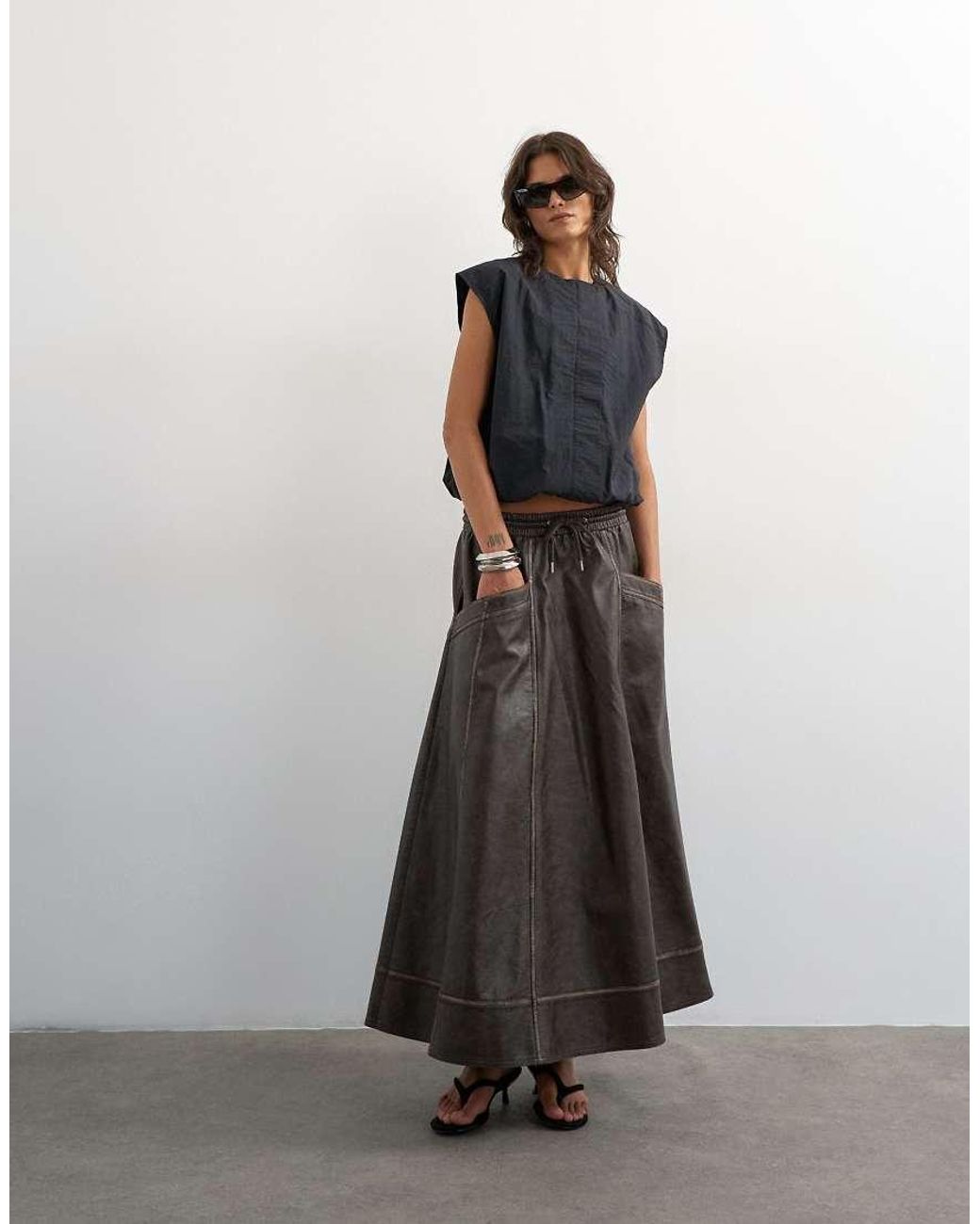 TOPSHOP Black High Shine Leather Look Maxii Skirt With Side Pockets
