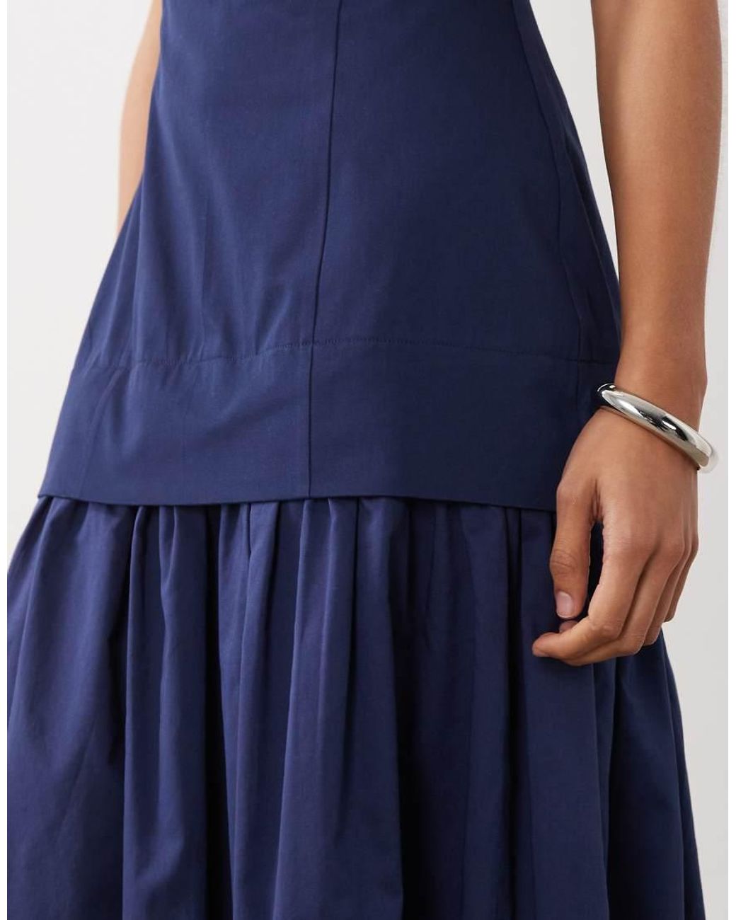 ASOS Blue Structured Cotton Bandeau Maxi Sundress With Dropped Waist Poplin Skirt
