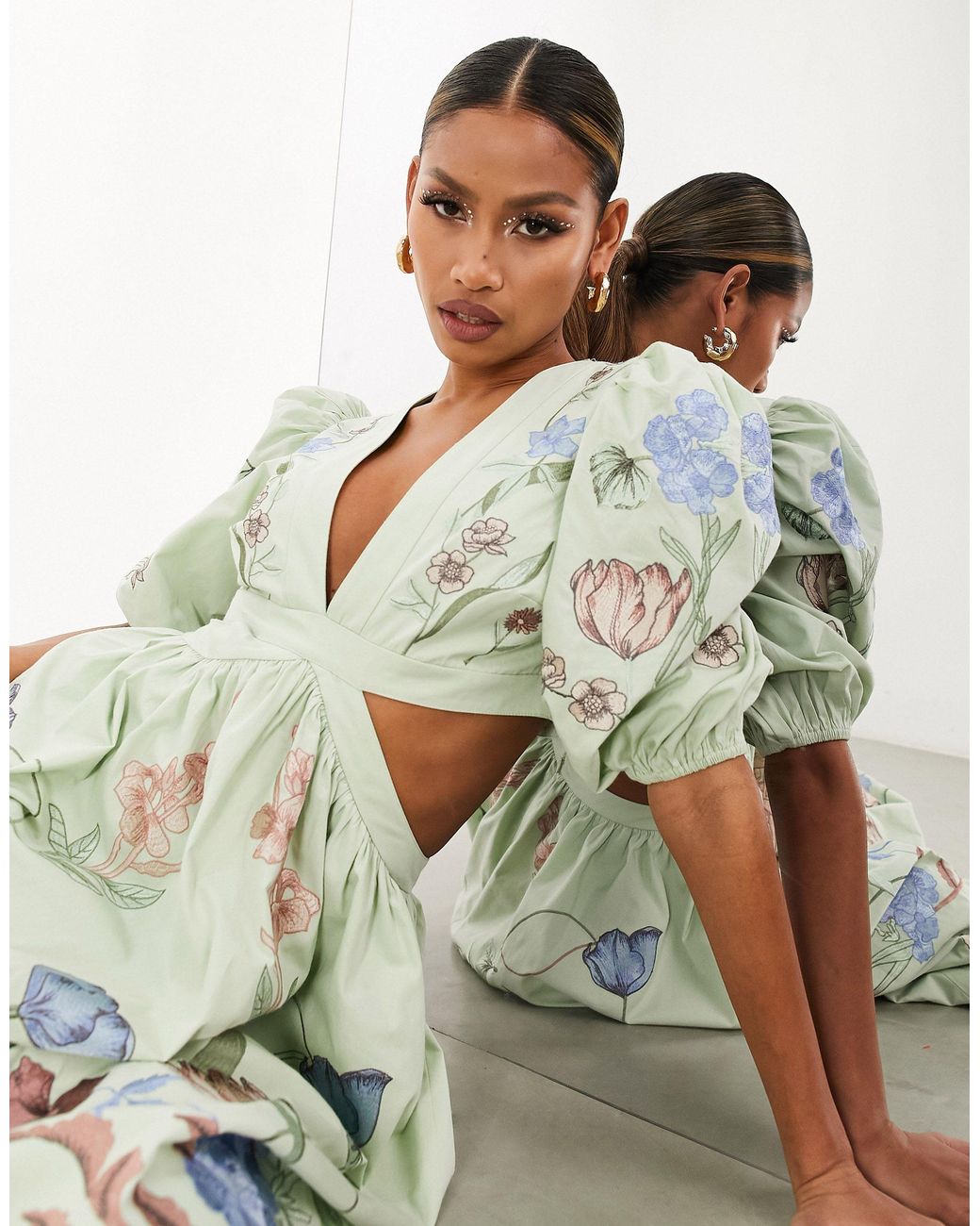 ASOS Floral Embroidered Cut Out Puff Sleeve Midi Dress in Green | Lyst