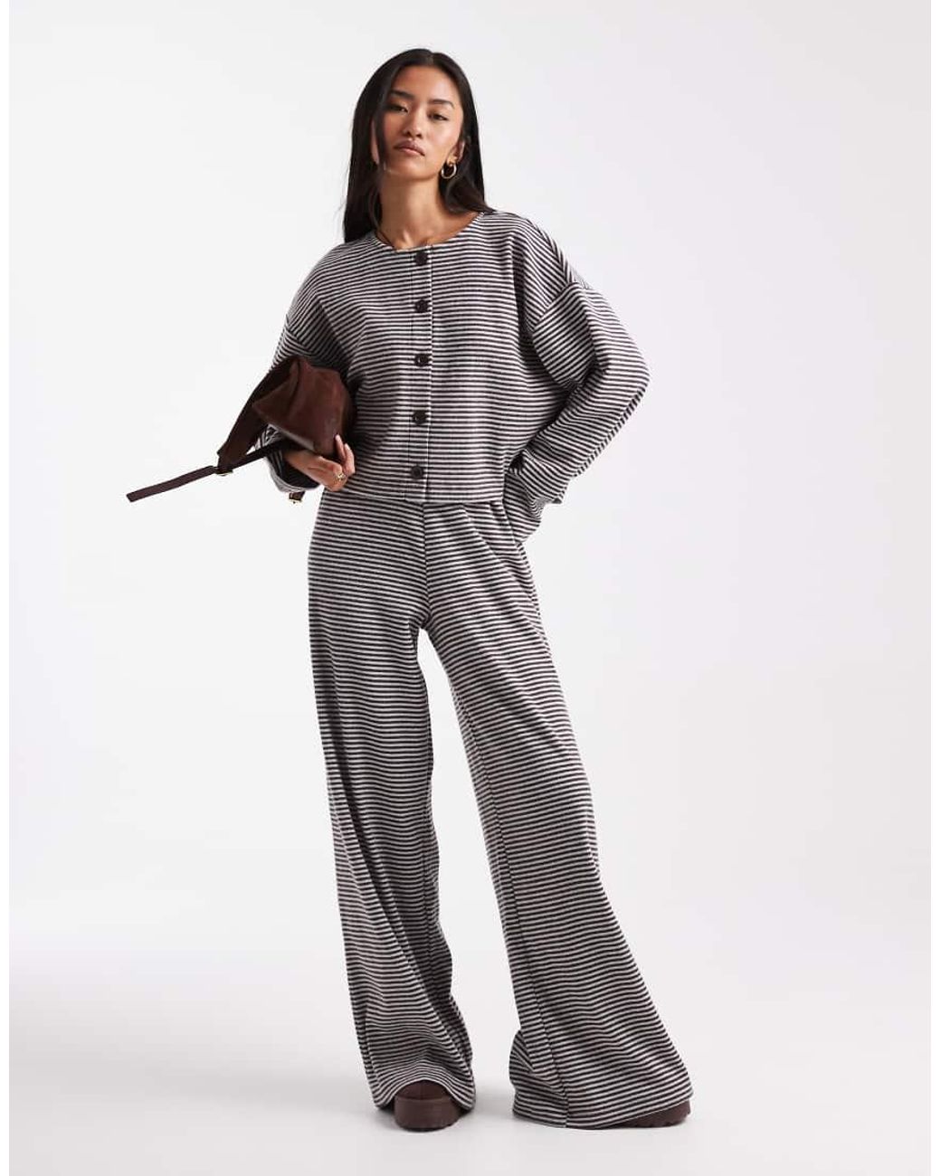 Miss Selfridge Gray Stripe Brushed Rib Cardigan Co-ord