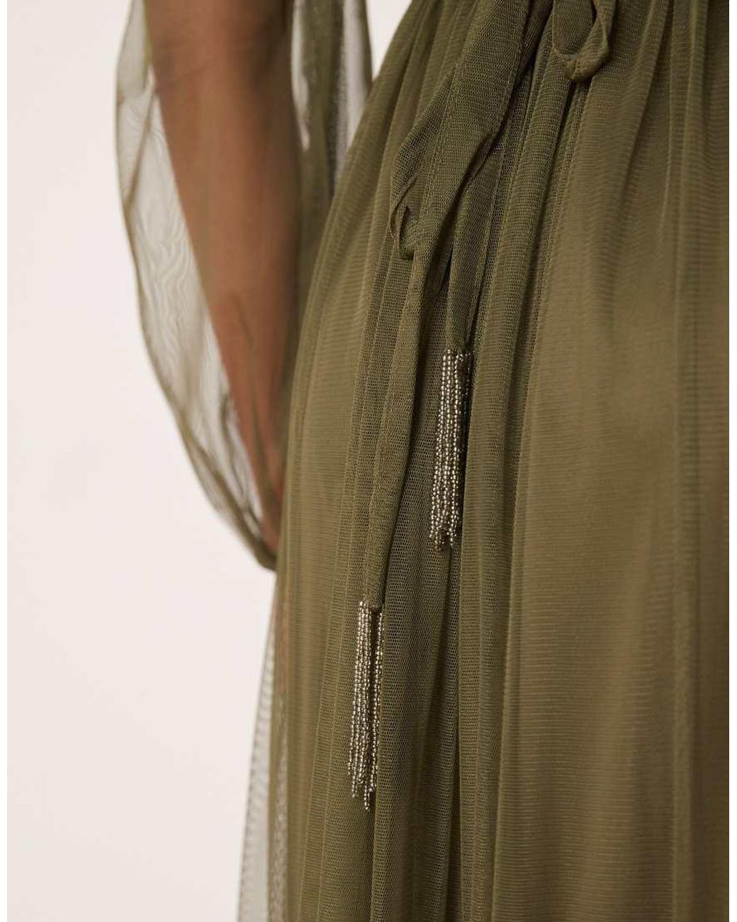 LACE & BEADS Green Crew Neck Sheer Sleeve Tiered Maxi Dress