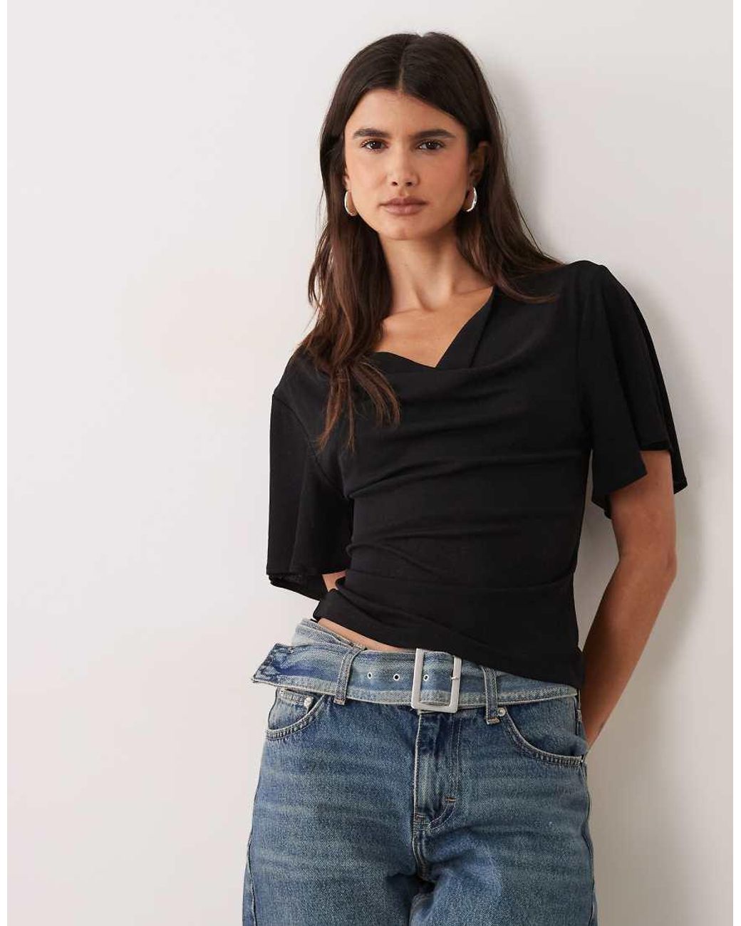 Miss Selfridge Black Top With Angel Sleeves And Cowl Neck