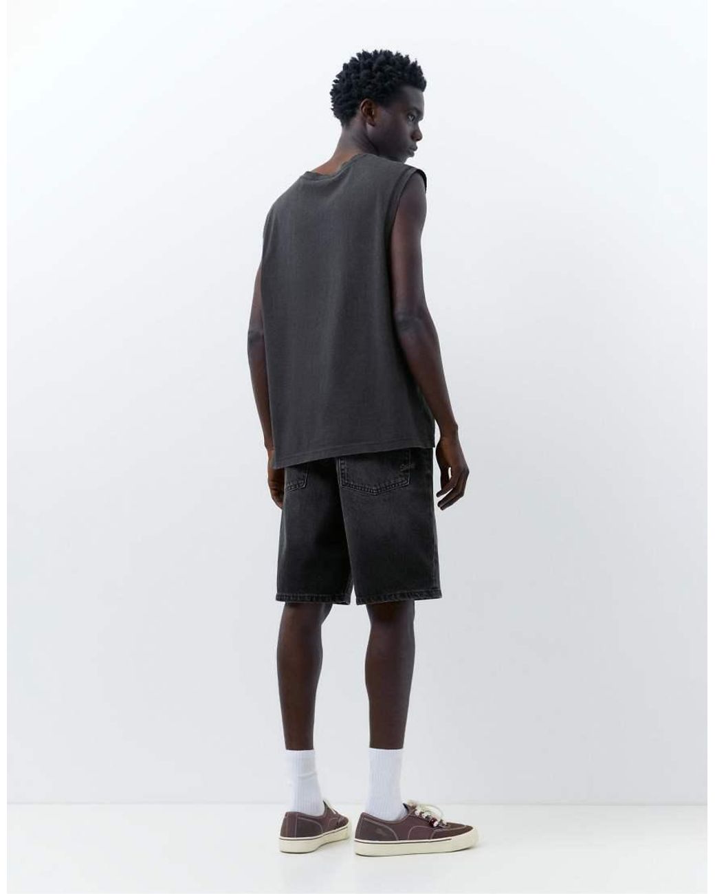 Pull&Bear White Baggy Denim Bermuda Shorts for men