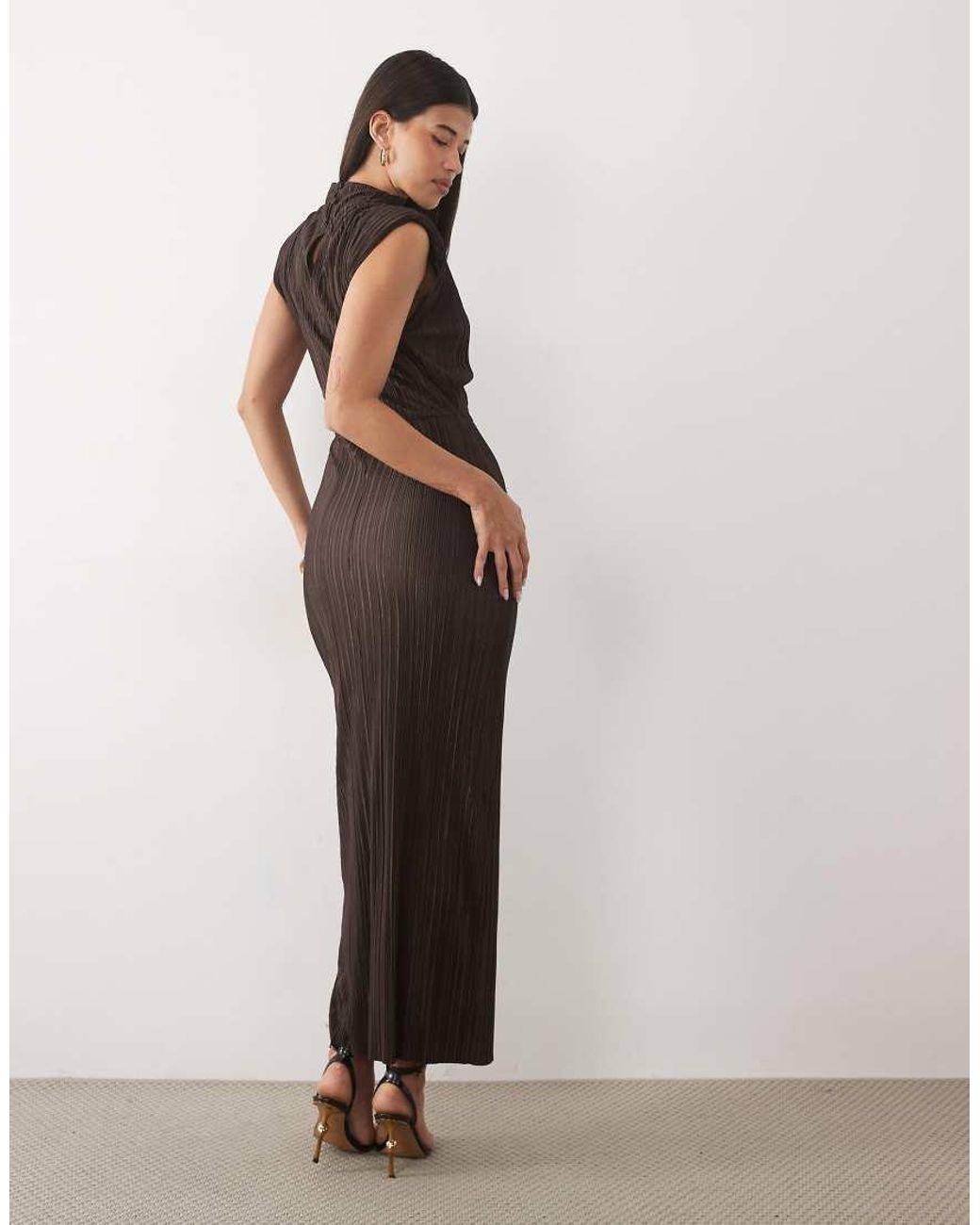 ASOS Brown Plisse High Neck Column Midi Dress With Shoulder Pads