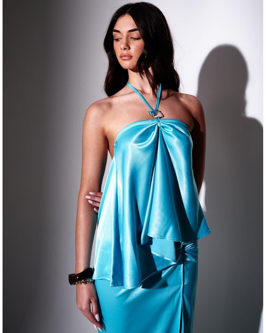 South Beach Blue Twisted Satin Midi Skirt
