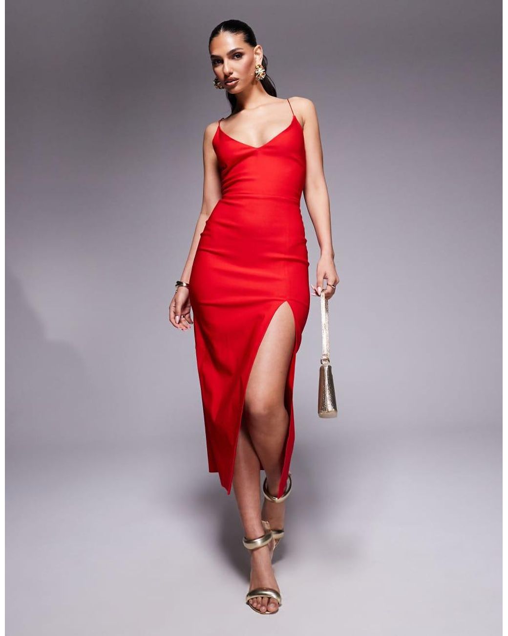 Vesper Red Cami Strap Midaxi Dress With Thigh Split
