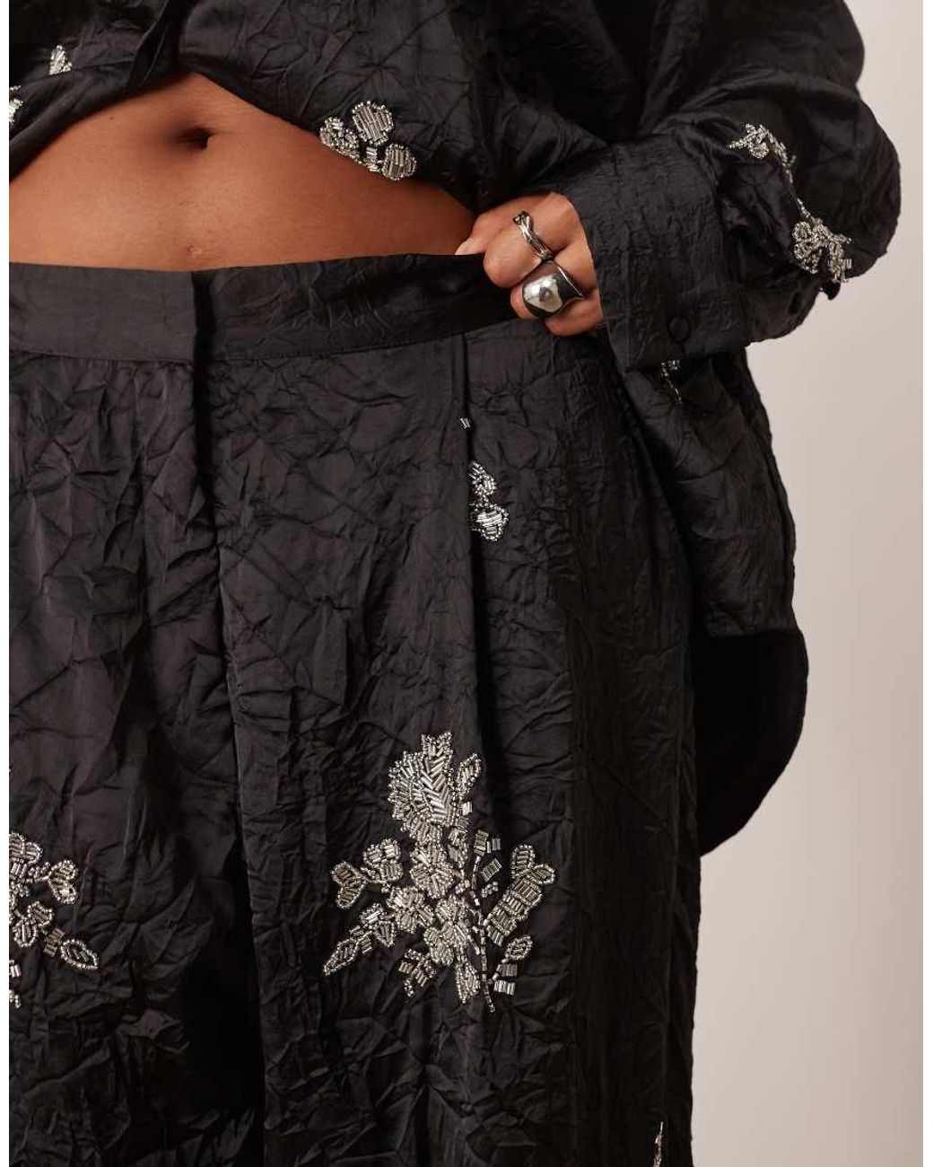ARRANGE Black Curve Crinkle Satin Floral Embellished Trouser Co-Ord