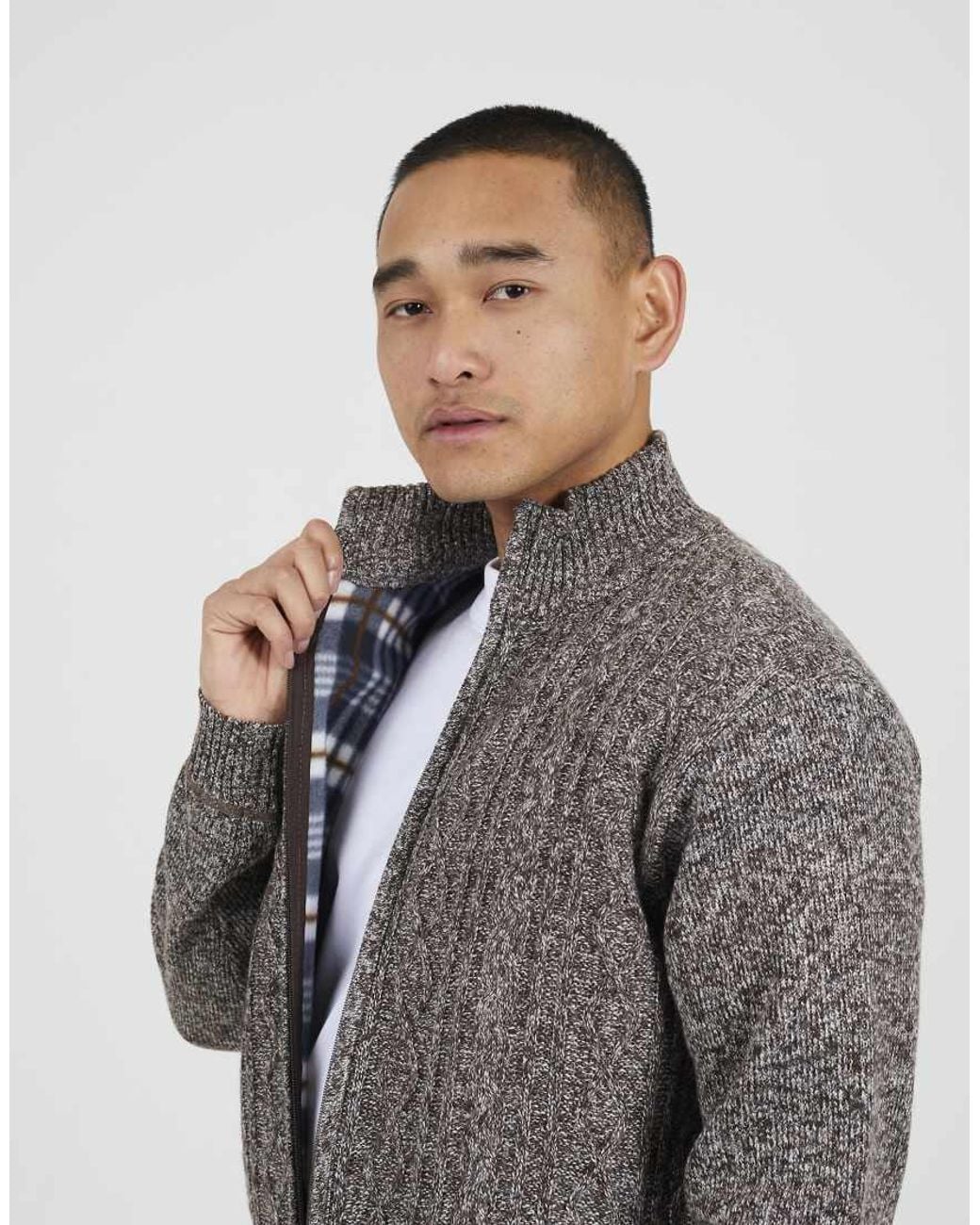 Brave Soul Gray Funnel Neck Waffle Knit Zip Through Cardigan for men