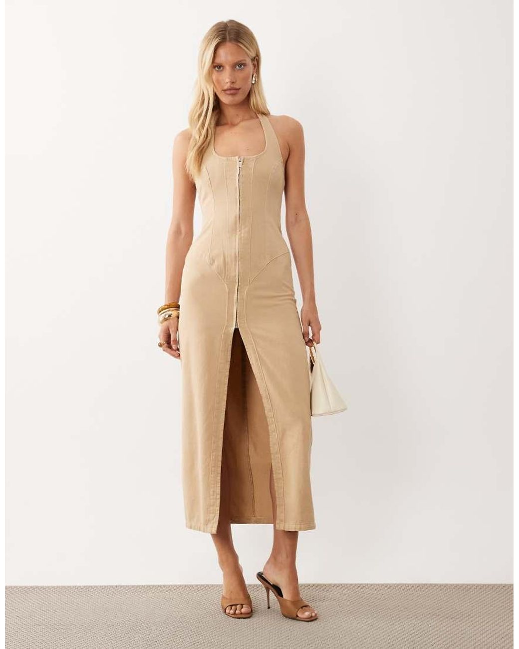 ASOS Natural Zip Front Denim Maxi Dress