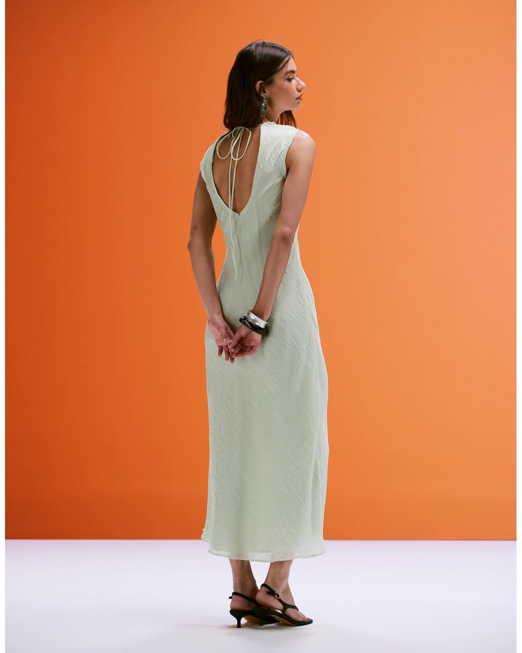Mango Open Back Satin Midi Dress in Orange | Lyst