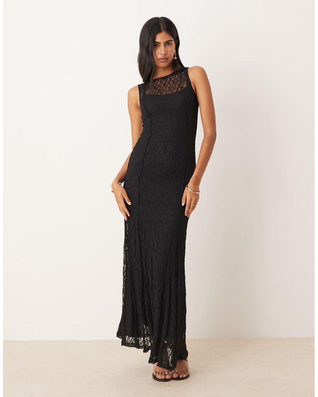 Mango Natural Slash Neck Lace Maxi Dress