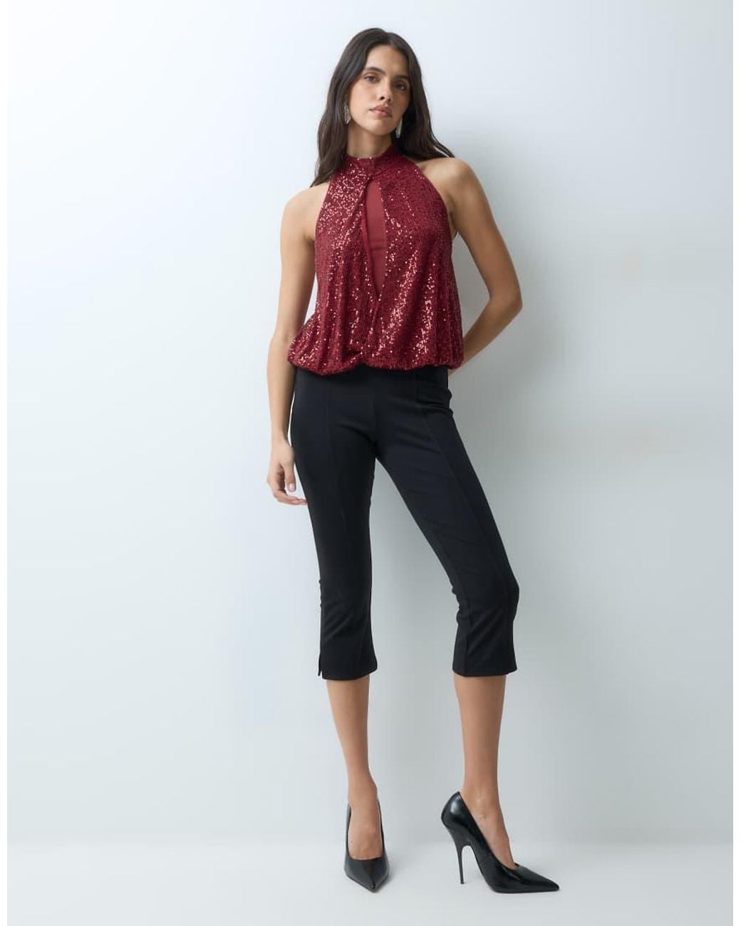 ASOS Red Sequin Draped Top With Mesh