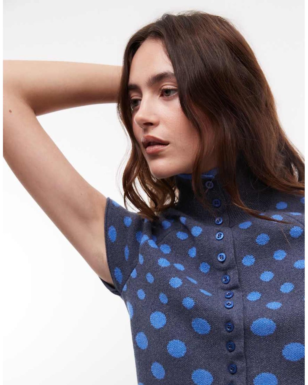 Reclaimed Vintage Blue Button Through High Neck Compact Knitted Tank