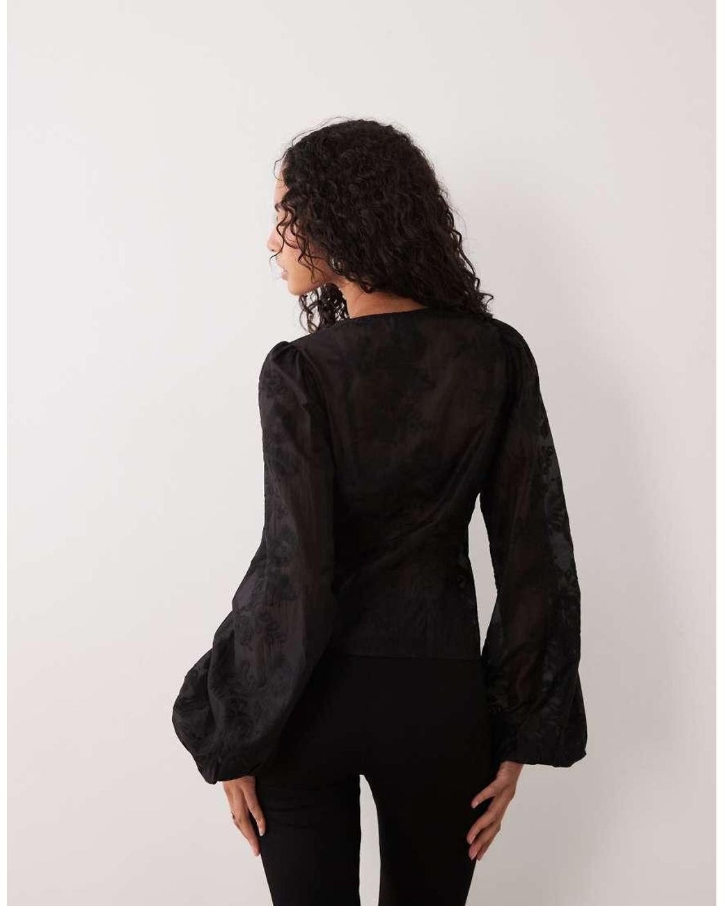 Gina Tricot Black V Neck Embroidered Blouse With Balloon Sleeve