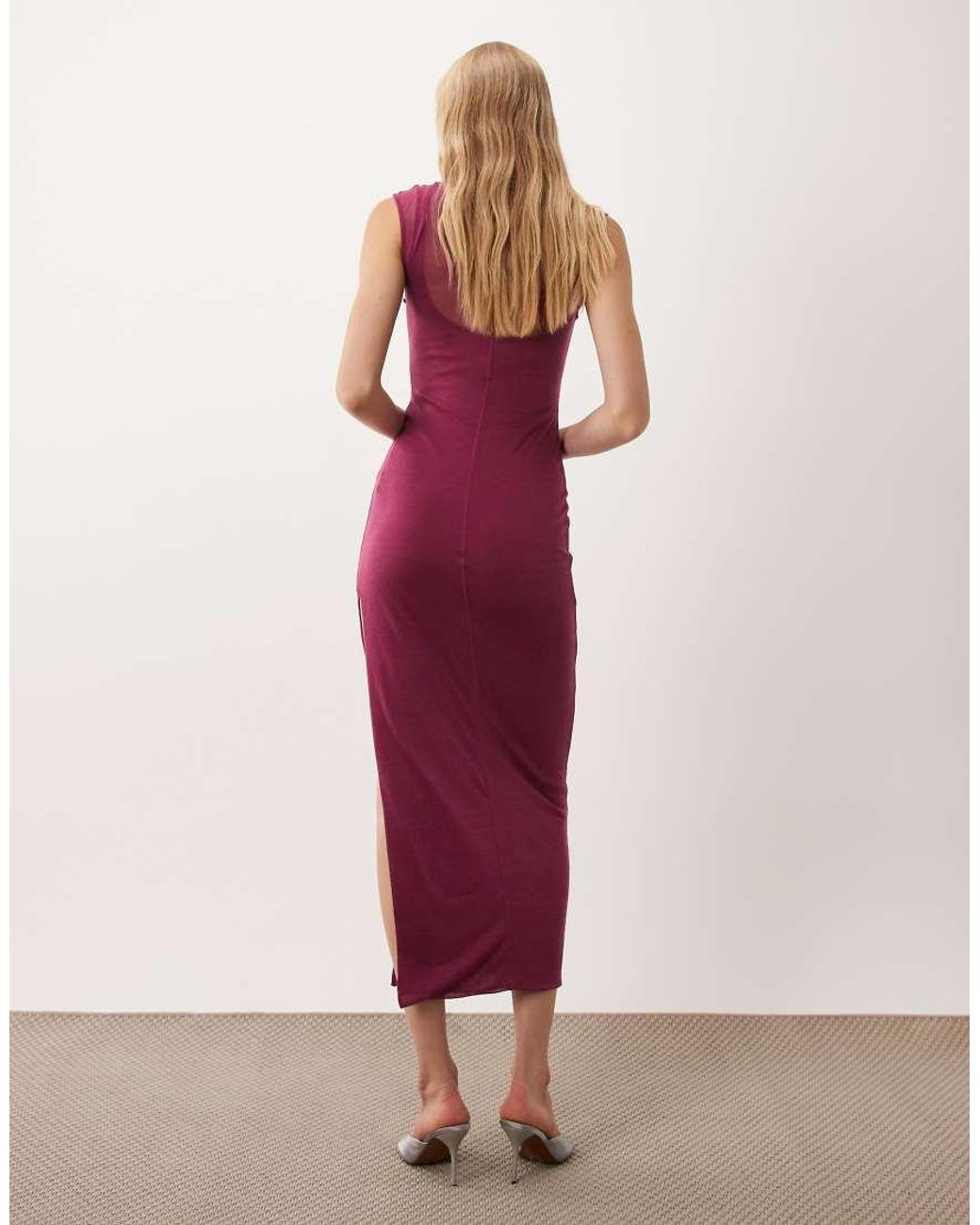 ASOS Purple Semi Sheer Knit Look High Neck Sleeveless Column Maxi Dress