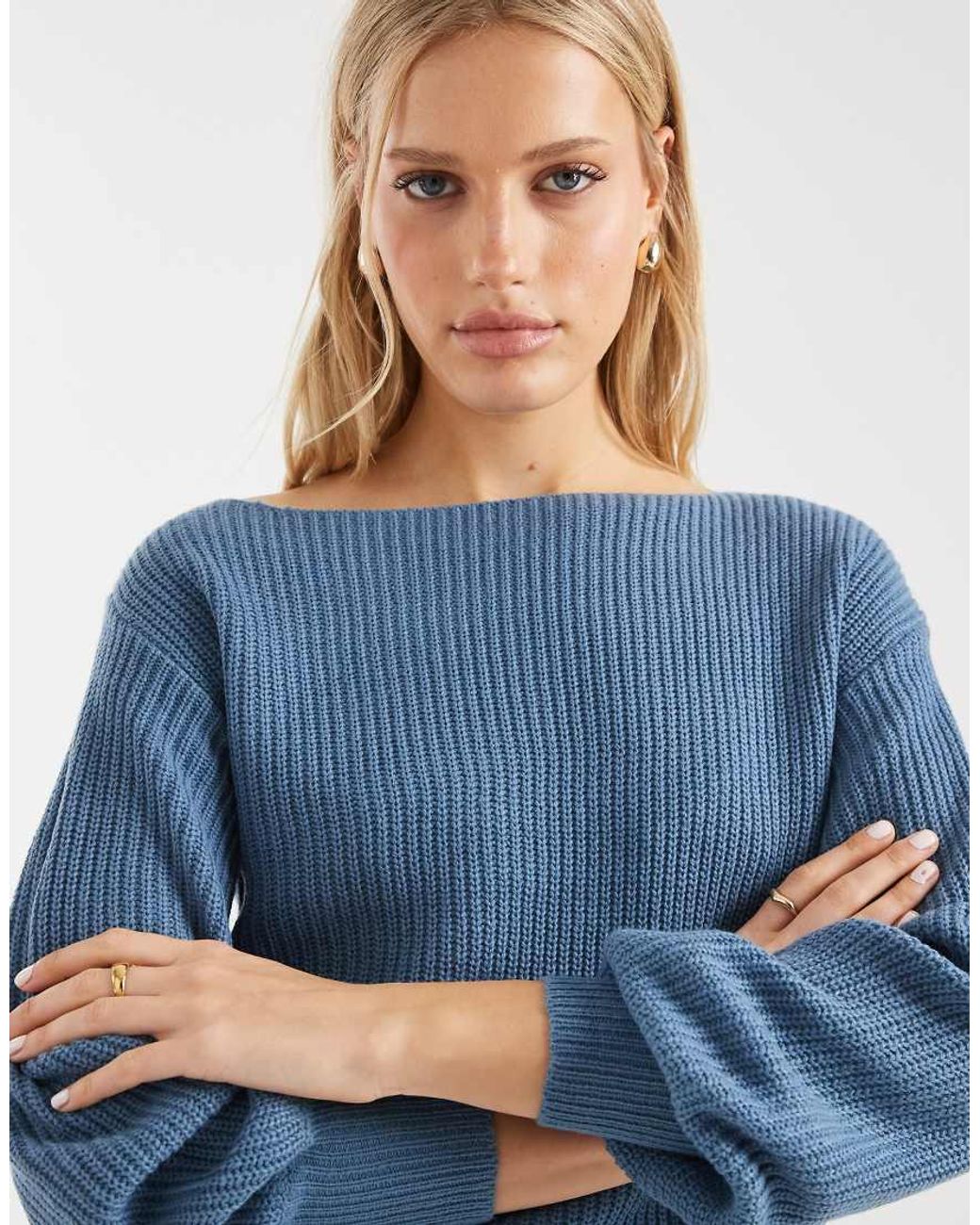 Threadbare Blue Knitted Boat Neck Jumper With Baloon Sleeve