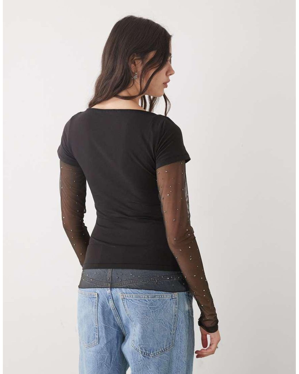 Monki Black Sheer Rhinestone Sleeve Top