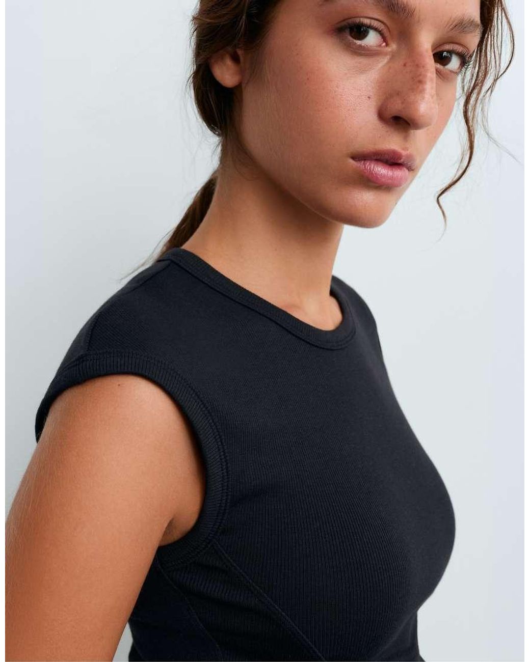 Oysho Black Short-sleeved Rib Top With Cotton And Modal