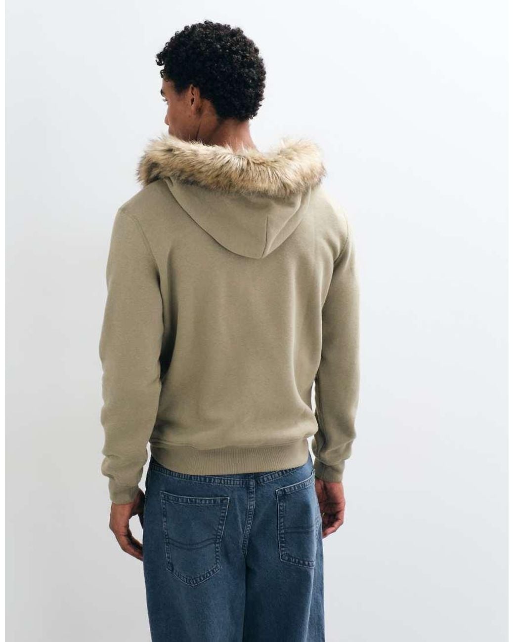 Hollister Green Fur Lined Zip Up Hoodie for men