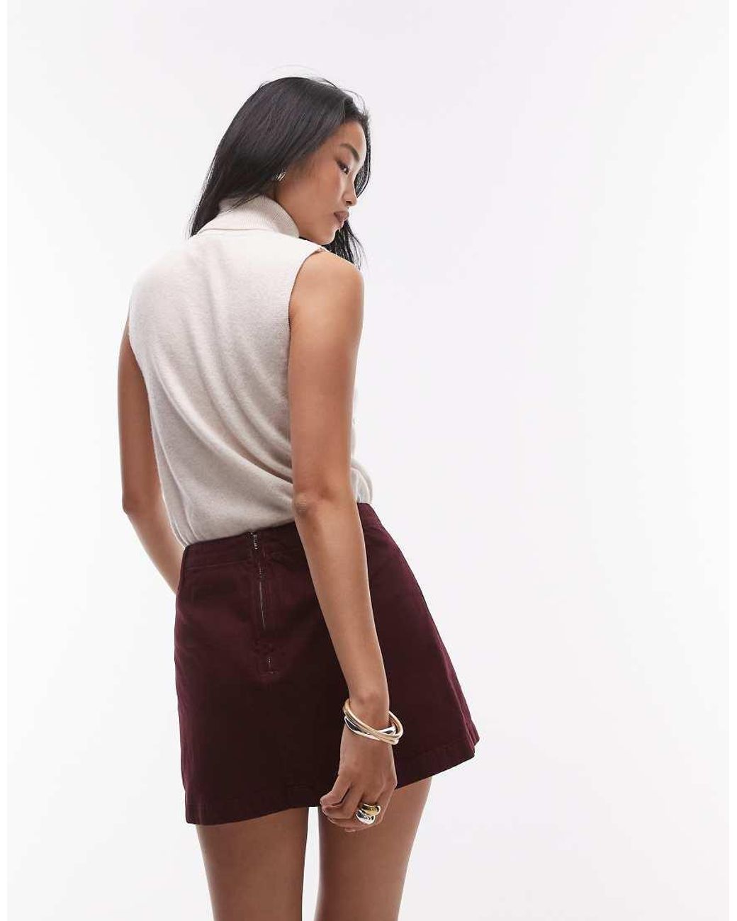 TOPSHOP Red Denim Box Pleat Mini Skirt