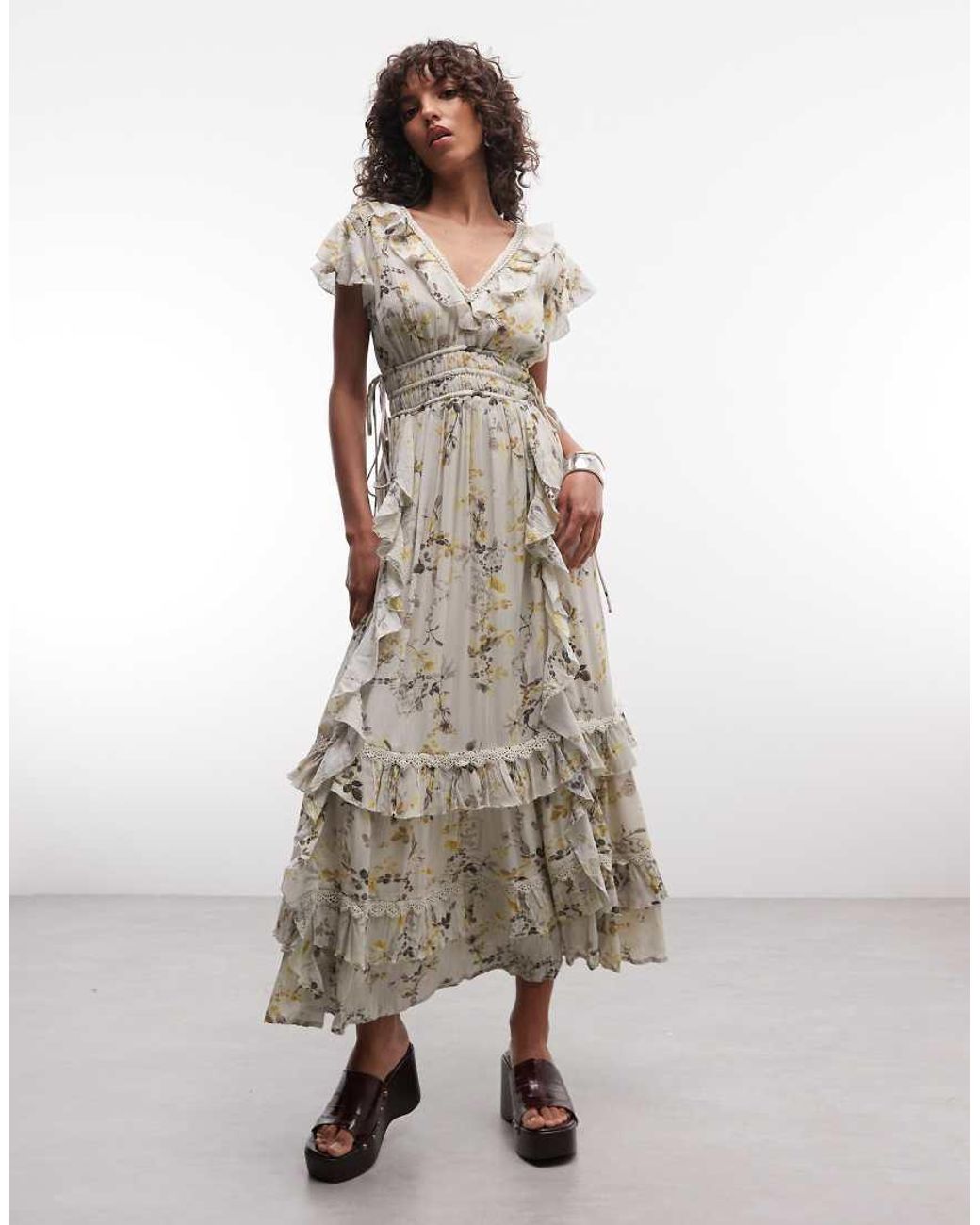 AllSaints Green Canto Ruffle Tiered Floral Midi Dress Pale