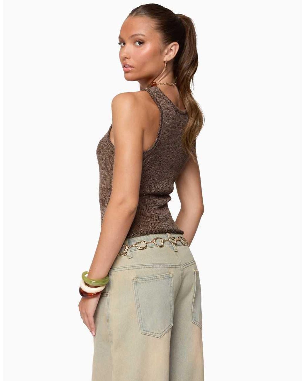 Edikted Brown Eleora Sequin Knit Tank Top