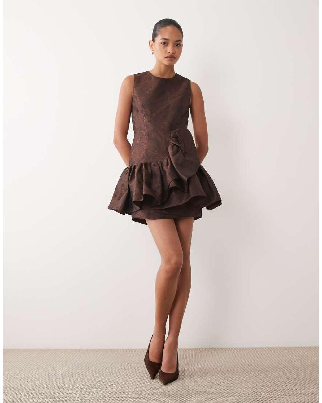 Sister Jane Brown Exclusive Jacquard Ruffle Mini Dress With Diamond Back Cut Out