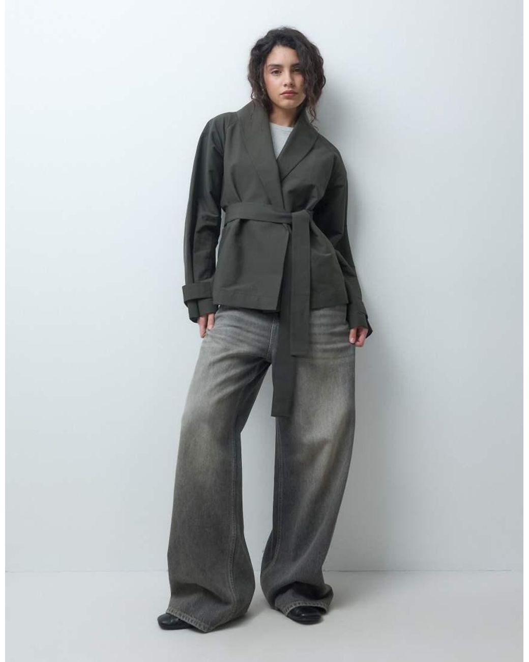 ARKET Gray Shawl Collar Wrap Jacket