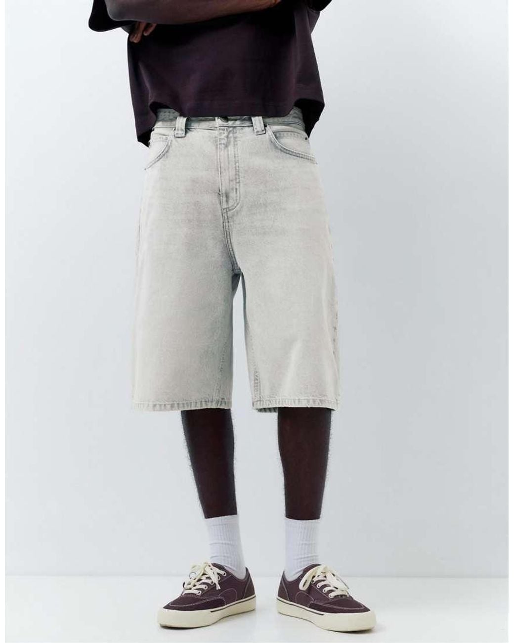 Pull&Bear Gray Skater Denim Bermuda Shorts for men