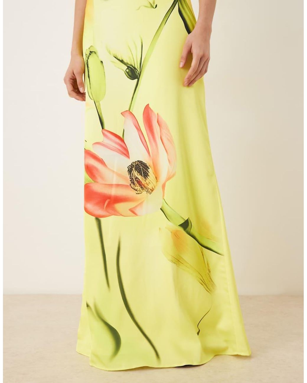 JW PEI Yellow Halter Neck Tie Detail Plunge Neck Satin Maxi Dress