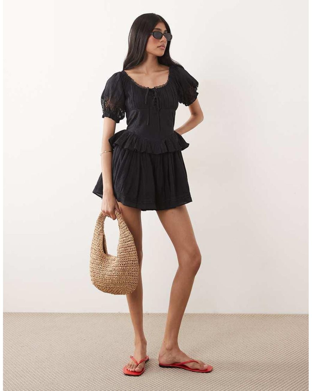 Miss Selfridge Natural Cheesecloth Lace Detail Milkmaid Playsuit