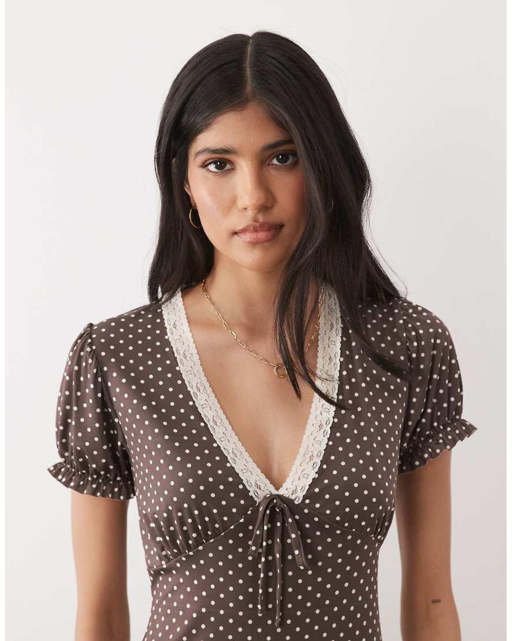 Miss Selfridge Brown V-Neck Maxi Tea Dress With Lace Trim