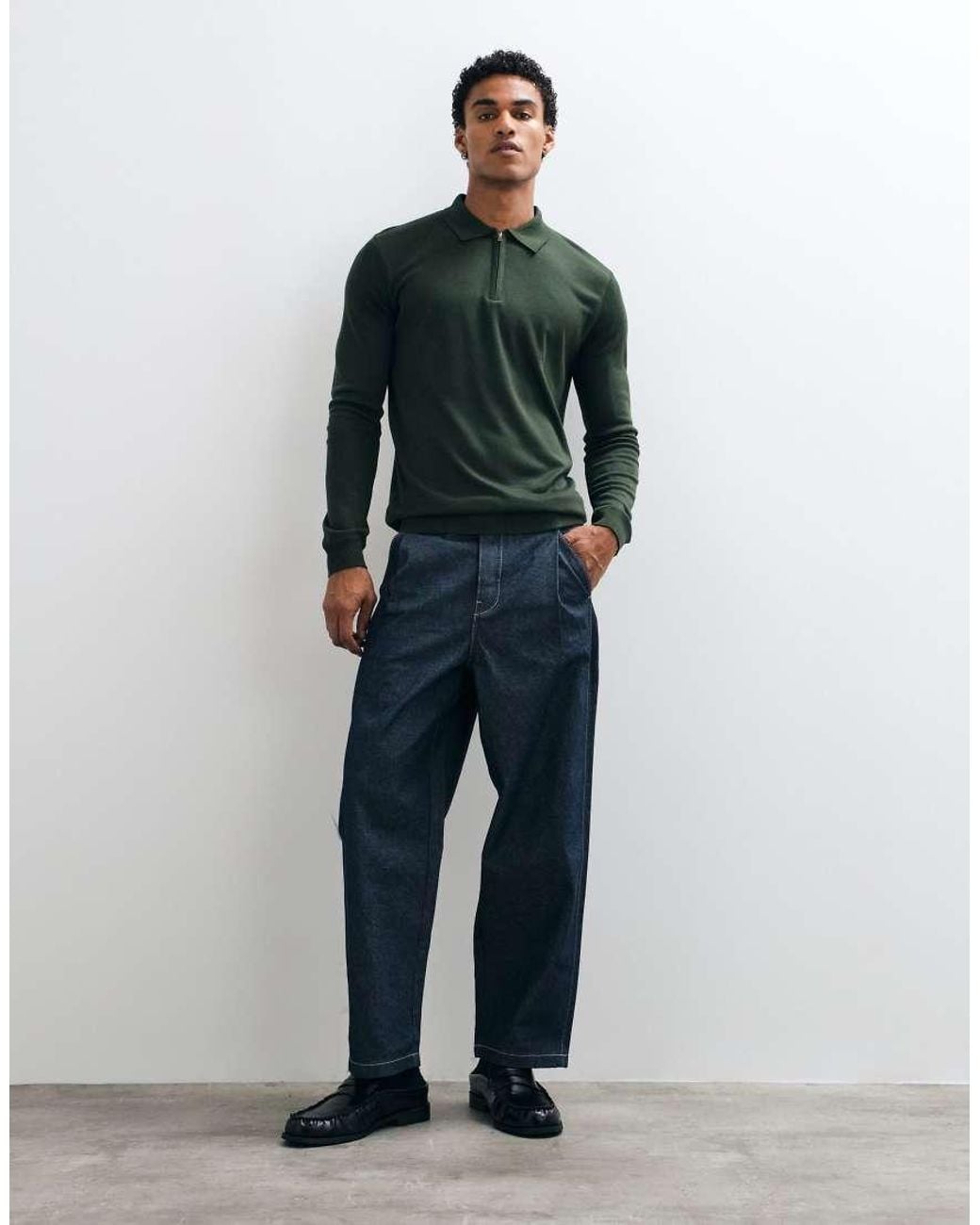 Brave Soul Green Knitted 1/4 Zip Jumper With Polo Placket for men