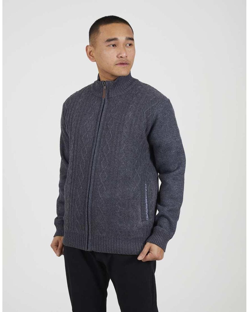 Brave Soul Blue Funnel Neck Waffle Knit Zip Through Cardigan for men