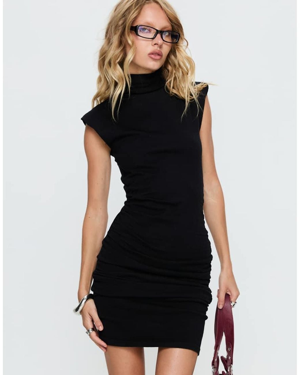 Princess Polly Black Ortensia High Neck Shoulder Pad Ruched Detail Mini Dress