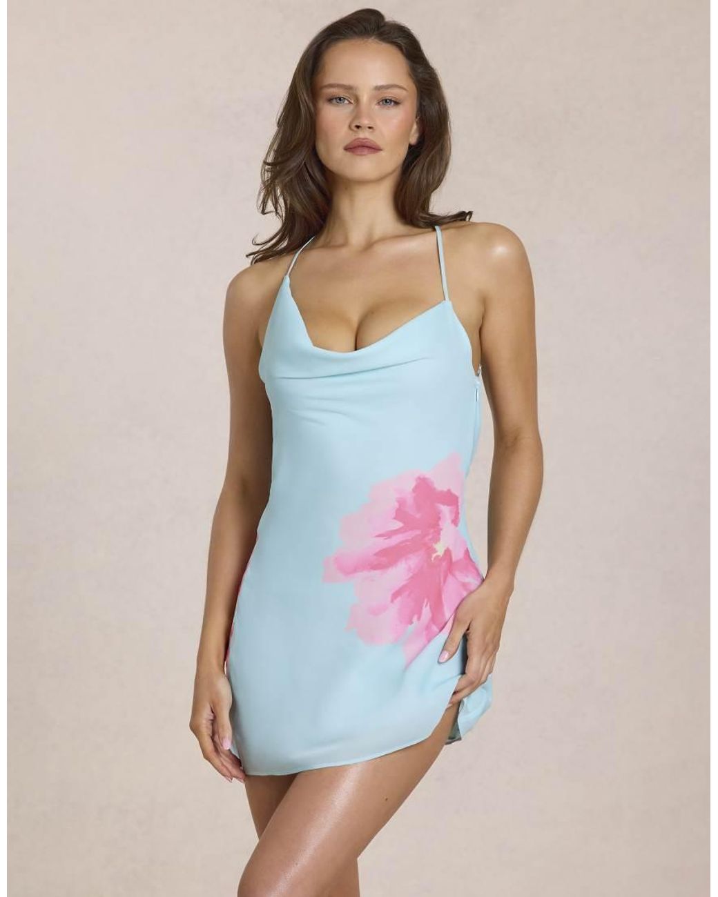 Oh Polly Blue Cowl Neck Backless Detail Floral Print Mini Dress