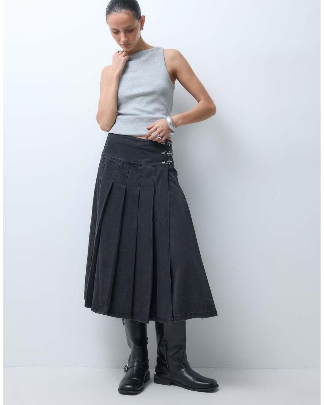 The Ragged Priest Blue Denim Kilt Midi Skirt