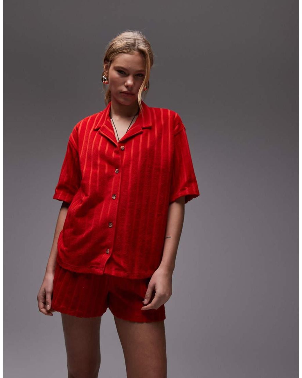 TOPSHOP Red Terrycloth Boxy Shirt