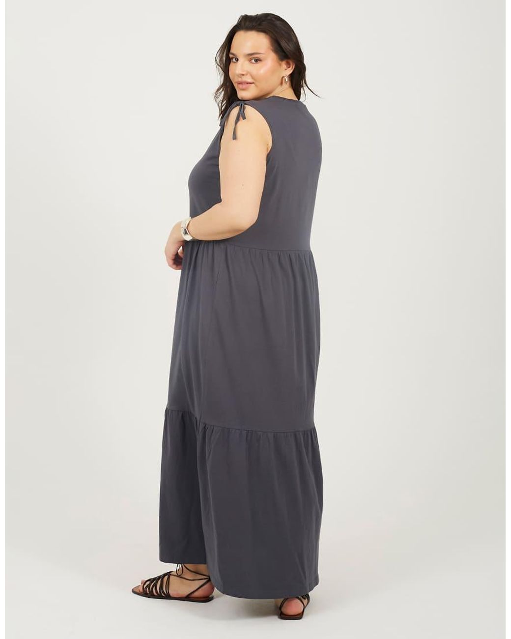 Brave Soul Blue Curve Cotton Ruched Shoulder Tiered Maxi Dress