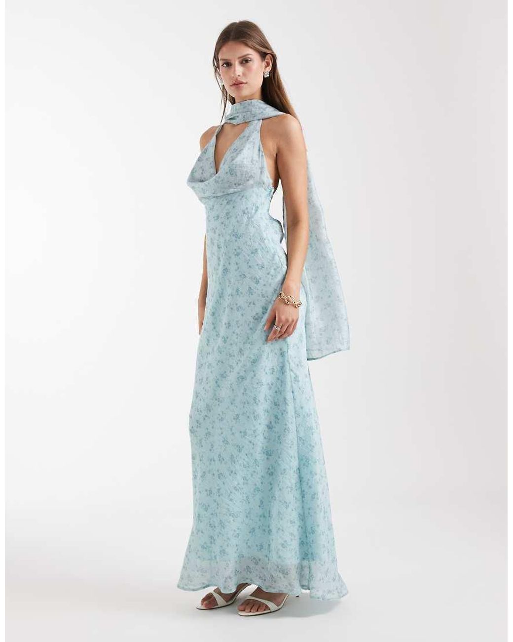 ASOS Blue Satin Scarf Cowl Neck Maxi Dress