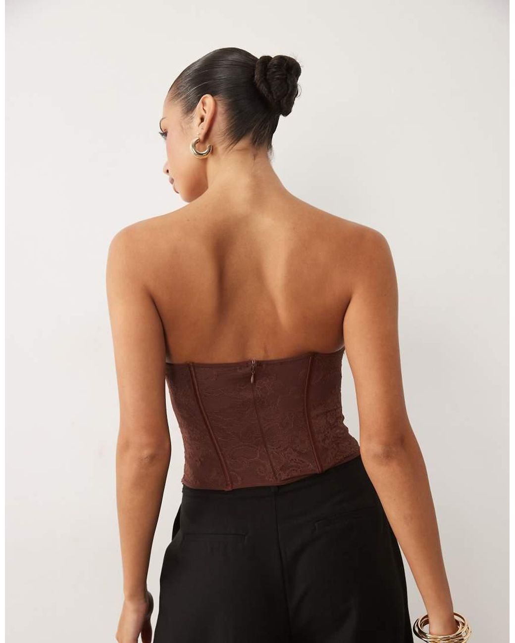 ASOS Brown Lace Mix Detailing Corset Top With Boning
