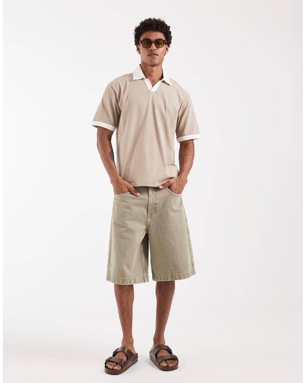 ASOS Natural Heavyweight Relaxed Notch Polo With Contrast Collar for men