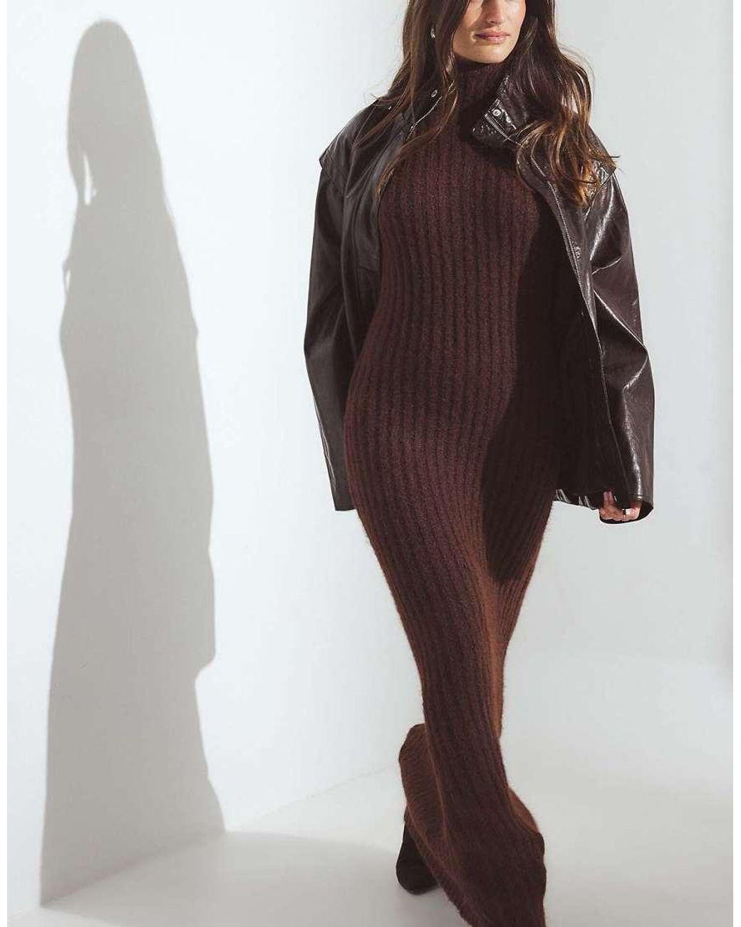 NA-KD Brown Knitted Wool Blend Turtleneck Maxi Dress