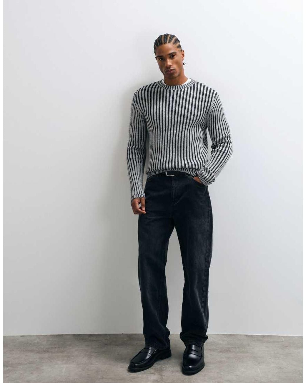 Collusion Gray Plated Faded Wash Fitted Crew Neck Sweater for men